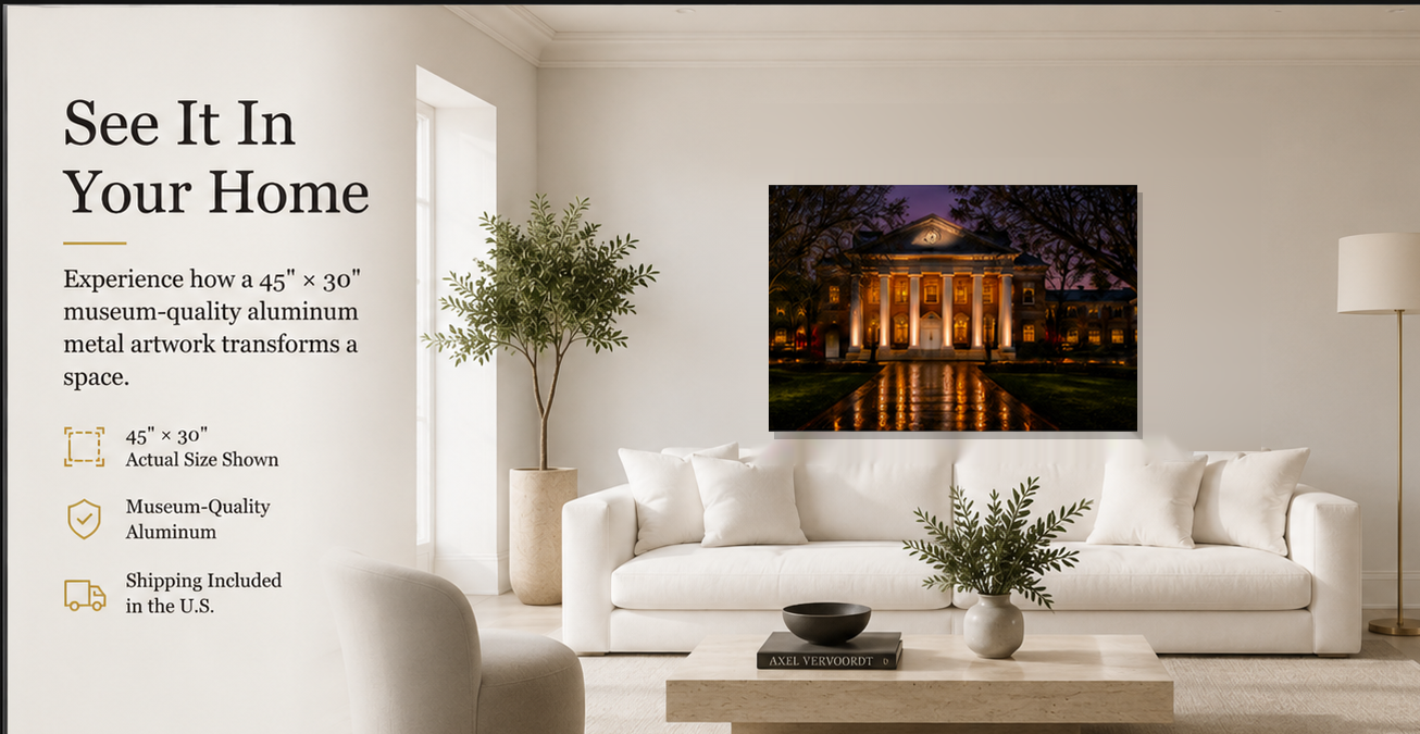 The Lyceum at Twilight displayed as a 45 by 30 inch aluminum artwork in a contemporary white living room