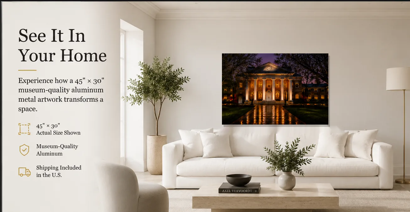 The Lyceum at Twilight displayed as a 45 by 30 inch aluminum artwork in a contemporary white living room
